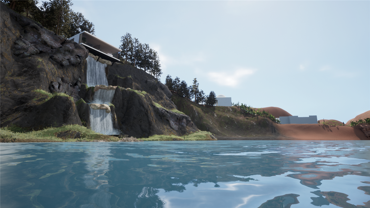 Flow Cero, uno de los rincones que pueden visitarse a través del Tour Virtual Acquabella, homenajea a la famosa Casa de la Cascada de Frank Lloyd Wright. 