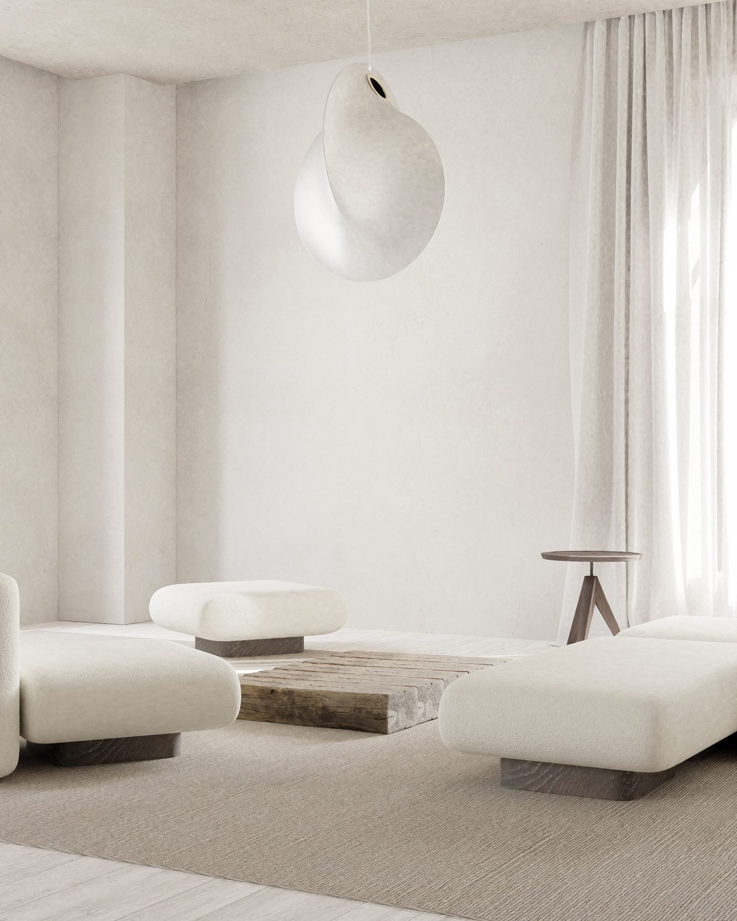 Salon minimalista con muebles en color blanco