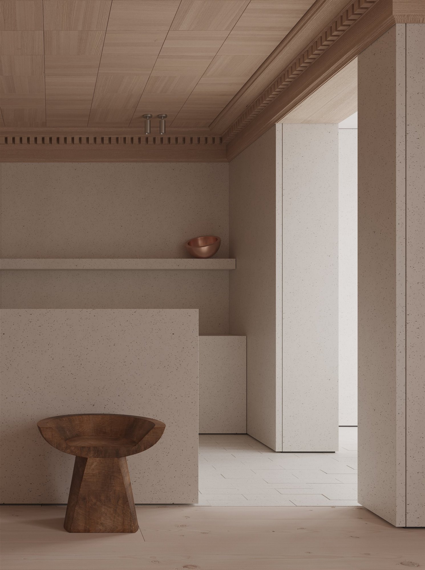 Piso con decoracion minimalista cocina con silla de madera