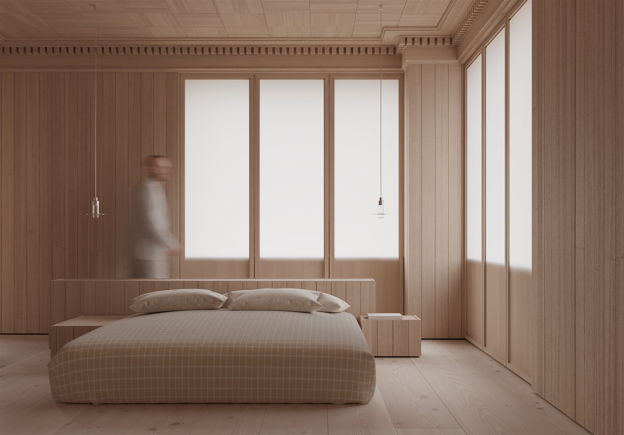 Piso con decoracion minimalista dormitorio con cama hecha a medida
