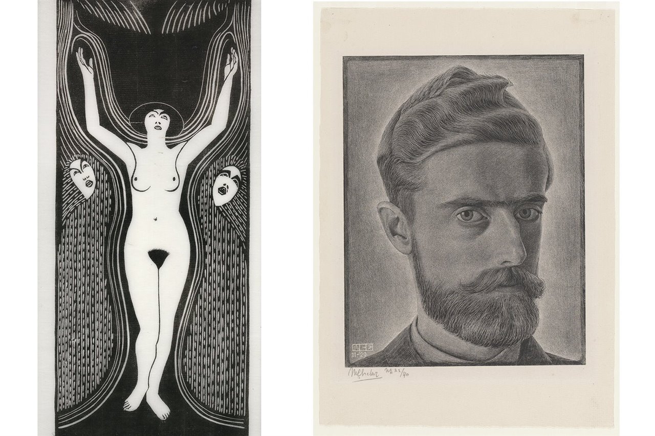 "Éxtasis" (1922), de Samuel Jessurun de Mesquita, junto a un autorretrato de Escher de 1929.
