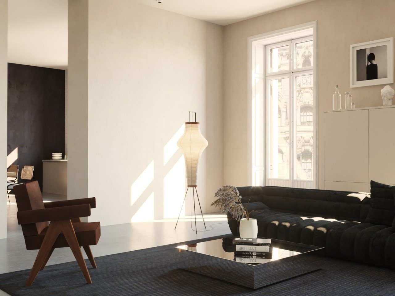 Salon de una casa moderna con butaca diseñada por Pierre Jeanneret. Silla Capitol Complex, diseño de Pierre Jeanneret que edita Cassina