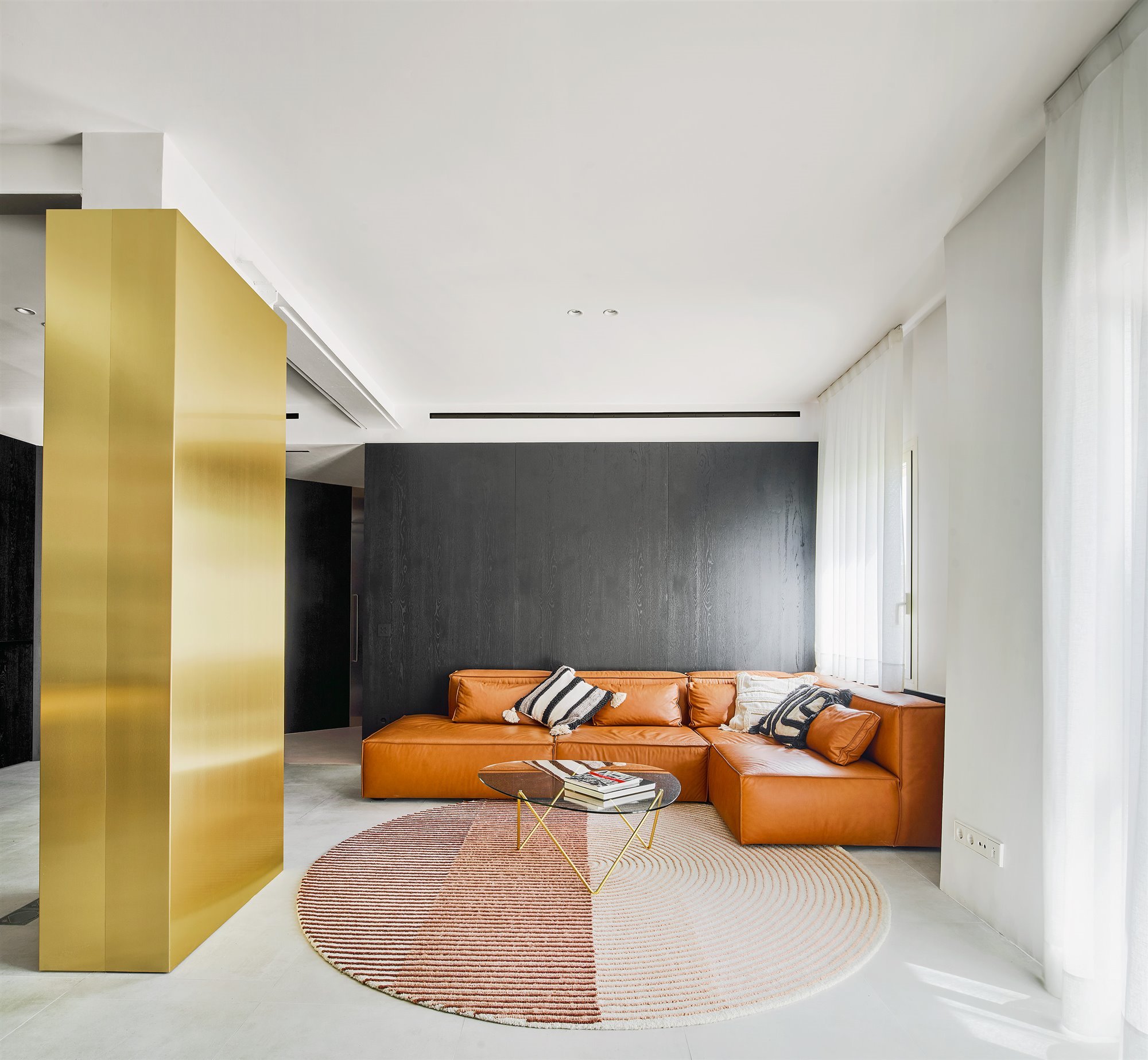 Piso moderno reformado en Barcelona con mucha luz salon con sofa de piel