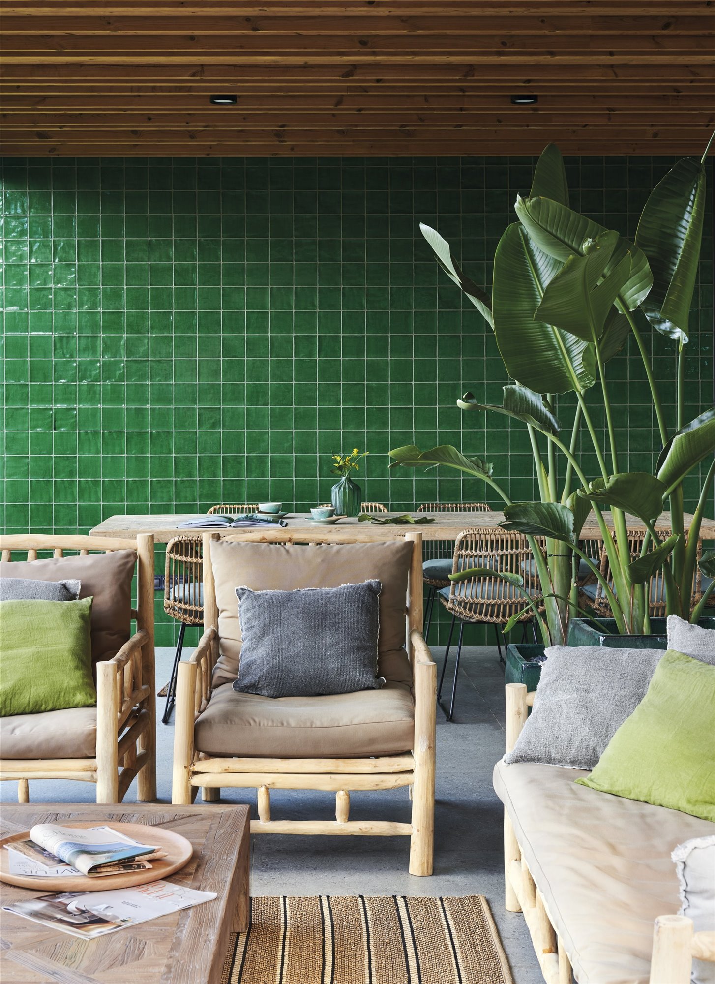 Salon con azulejos verdes y plantas. 5. El poder de la naturaleza