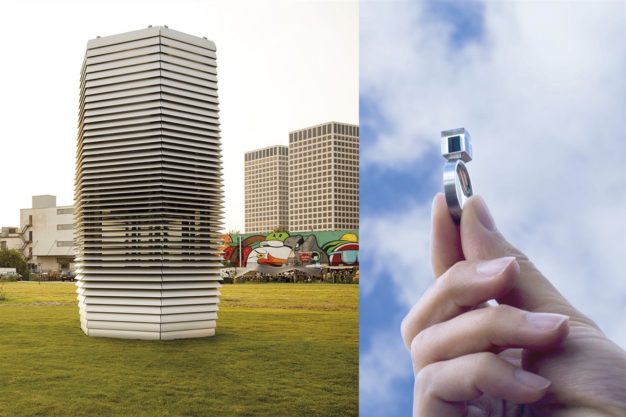 La Smog Free Tower actúa como una aspiradora que limpia la niebla tóxica en pequeñas áreas. Con el carbono aspirado se han realizado unos anillos como souvenir.