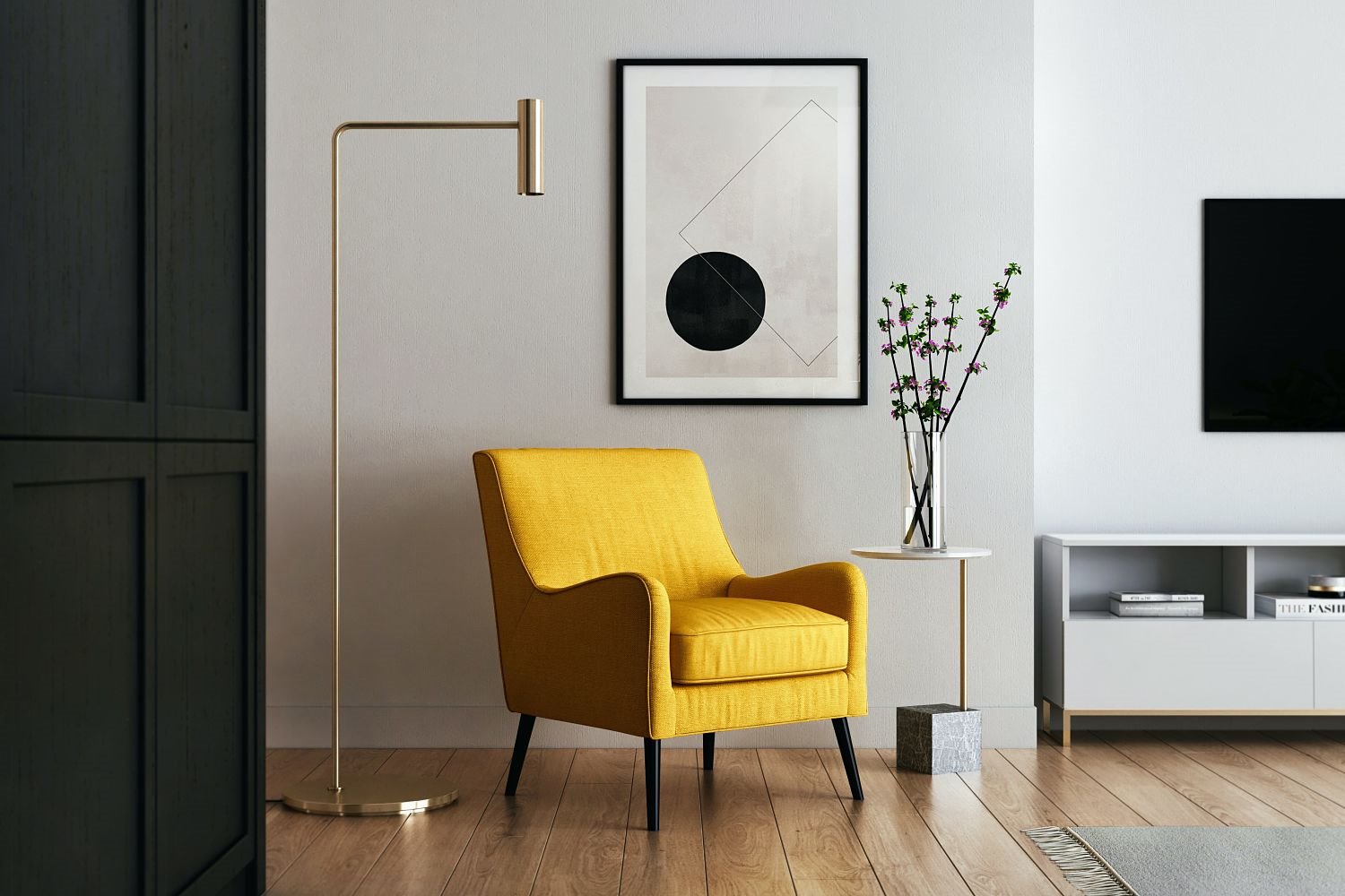 Butaca amarilla en salón blanco, gris y negro