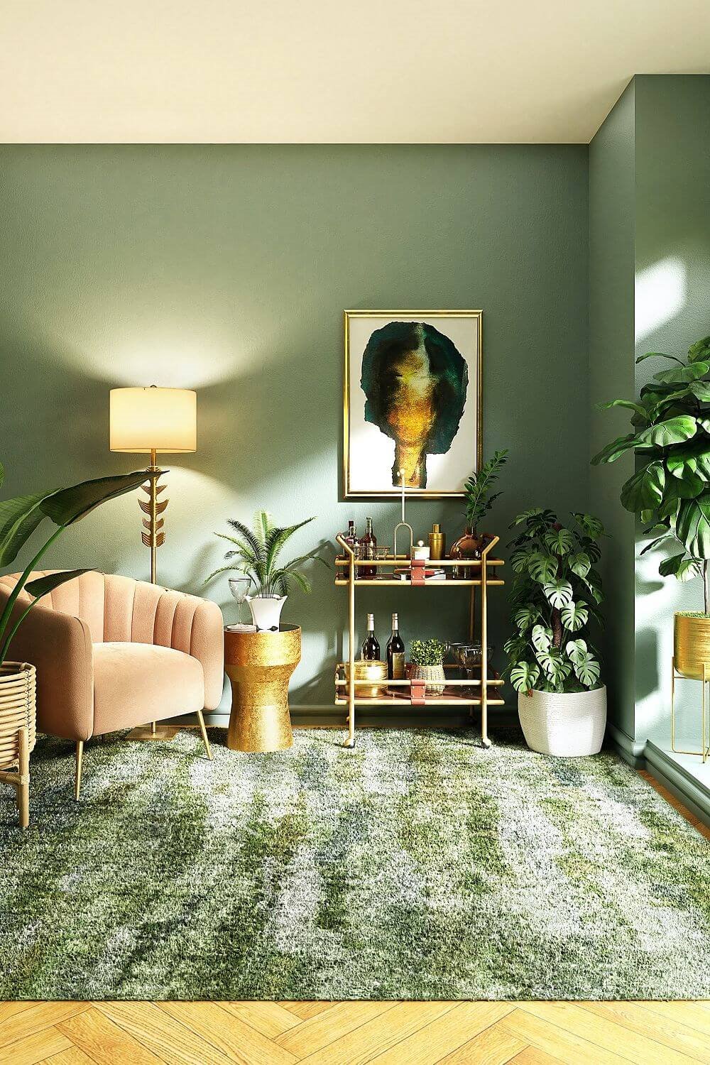Salón en verde y morado con mueble bar
