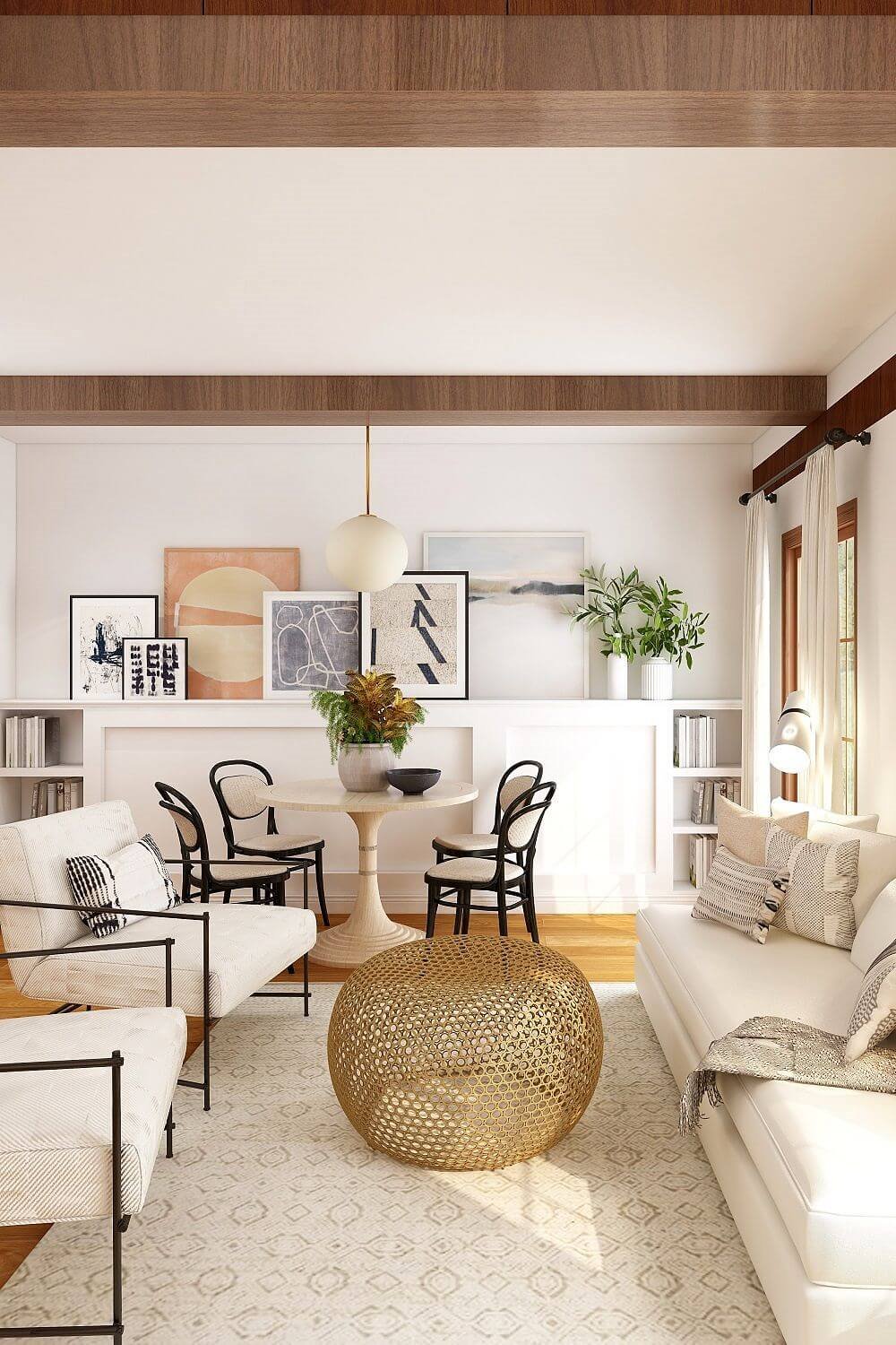 Mesa de centro con fibra natural en salón blanco