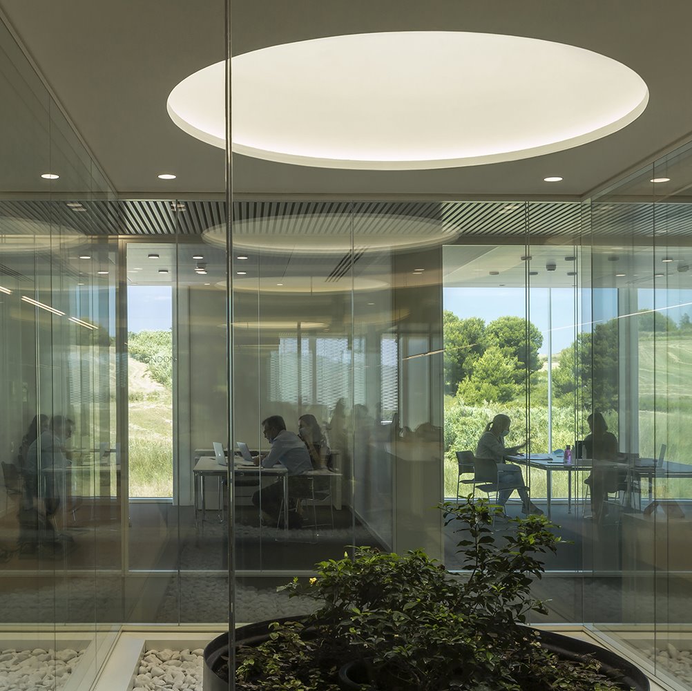 La iluminación natural a través de lucernarios y amplios frentes acristalados es una de las características más destacadas del diseño arquitectónico.