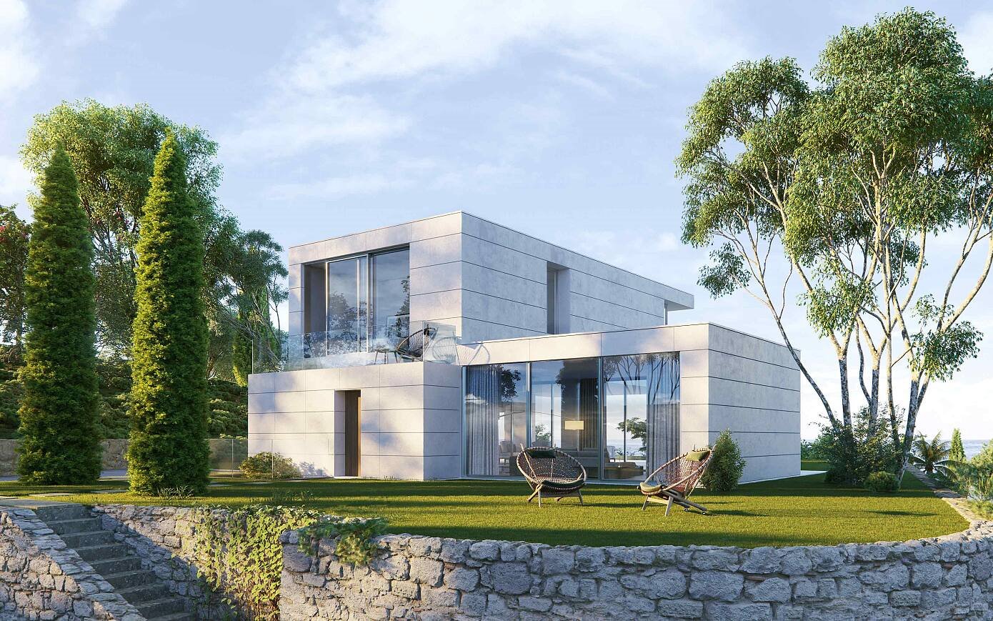 Casa con fachada blanca moderna en Italia rodeada de arboles