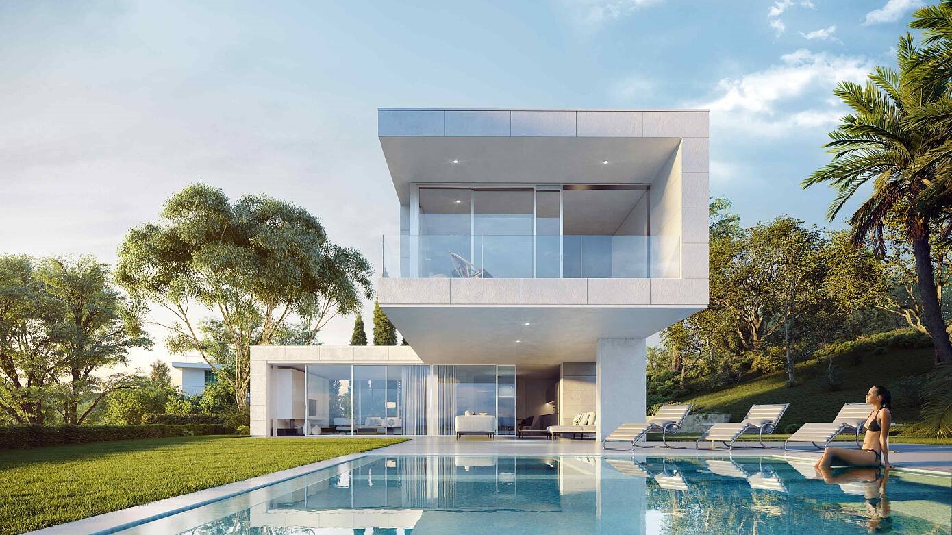 Casa moderna con fachada blanca y piscina