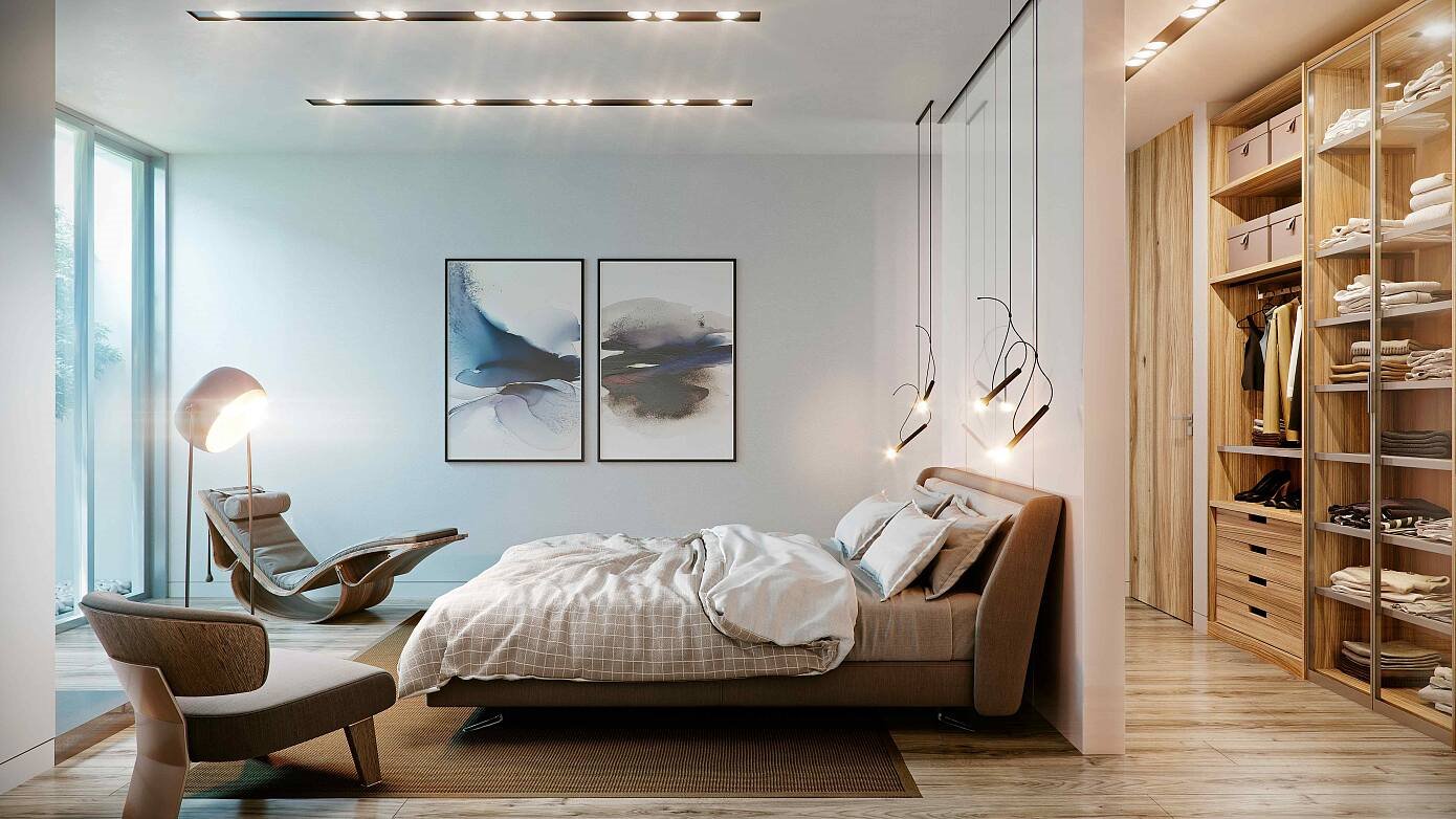 Dormitorio y vestidor de una casa moderna en Italia