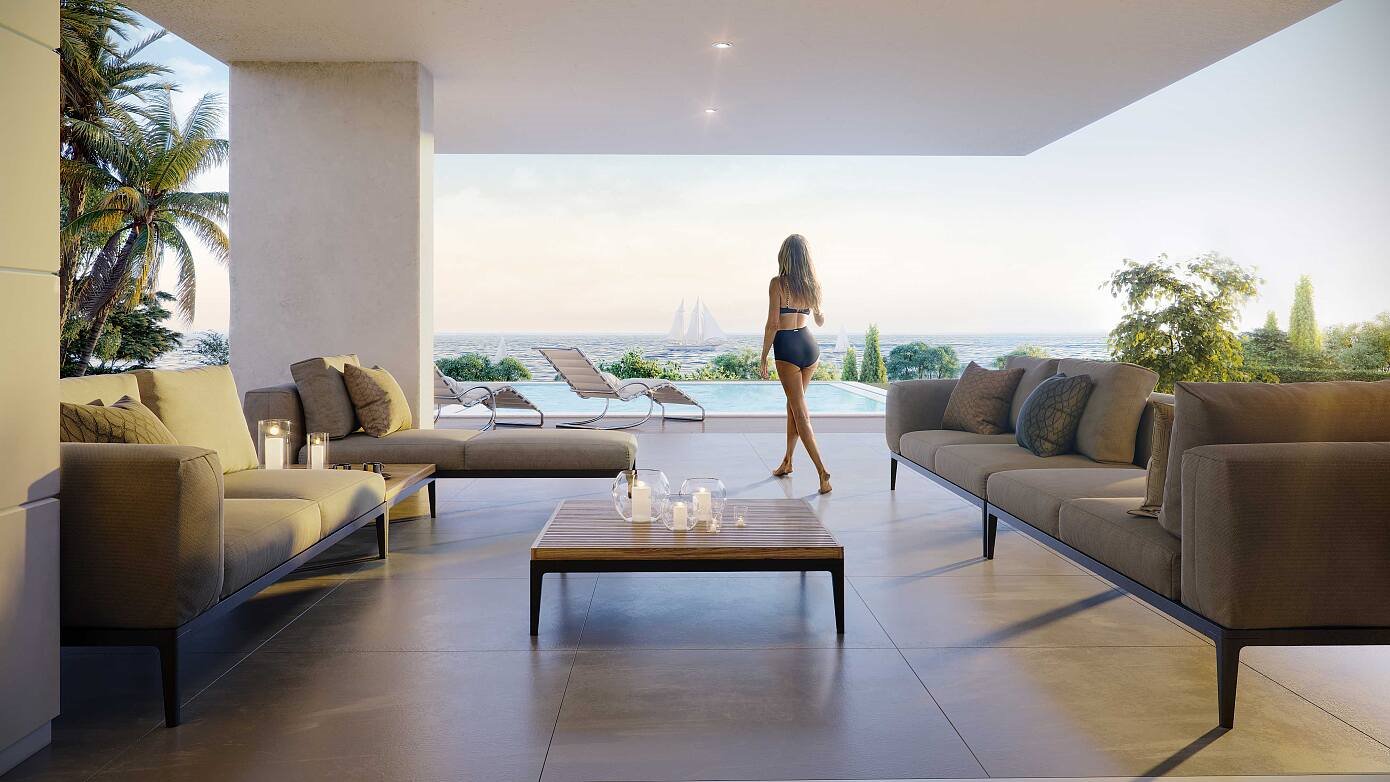Piscina con vistas al mar de una casa moderna en Italia