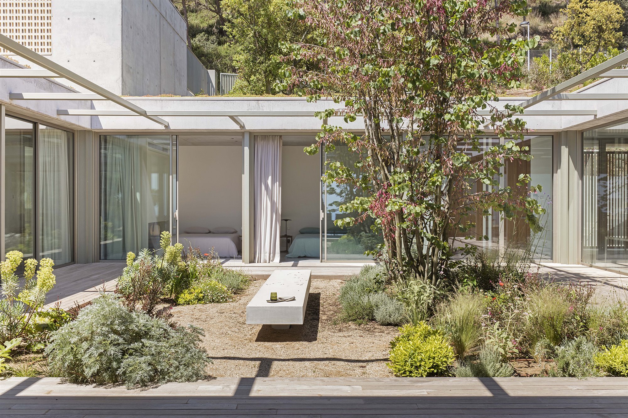 patio con árboles casa hormigón girona
