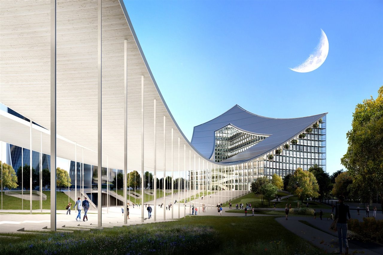 La cubierta estará construida con madera laminada con pasador (Dowel Laminated Timber, DLT) y rematada por placas fotovoltaicas.