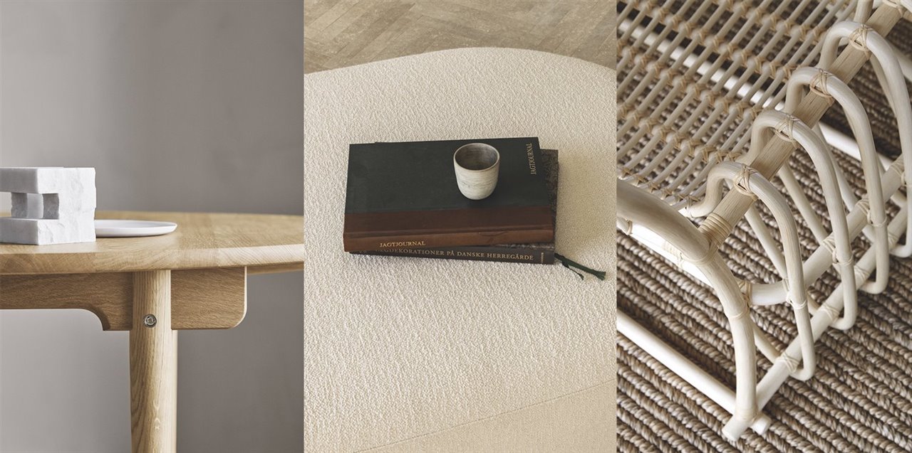 La pericia manual encarnada en tres diseños modernos: la mesa CH337, de Hans J. Wegner para Carl Hansen & Søn; el puf Cask, de NORM Architects para Expormim, y una de las piezas de Studio Daminato para el proyecto Arnalaya Beach House en Bali.
