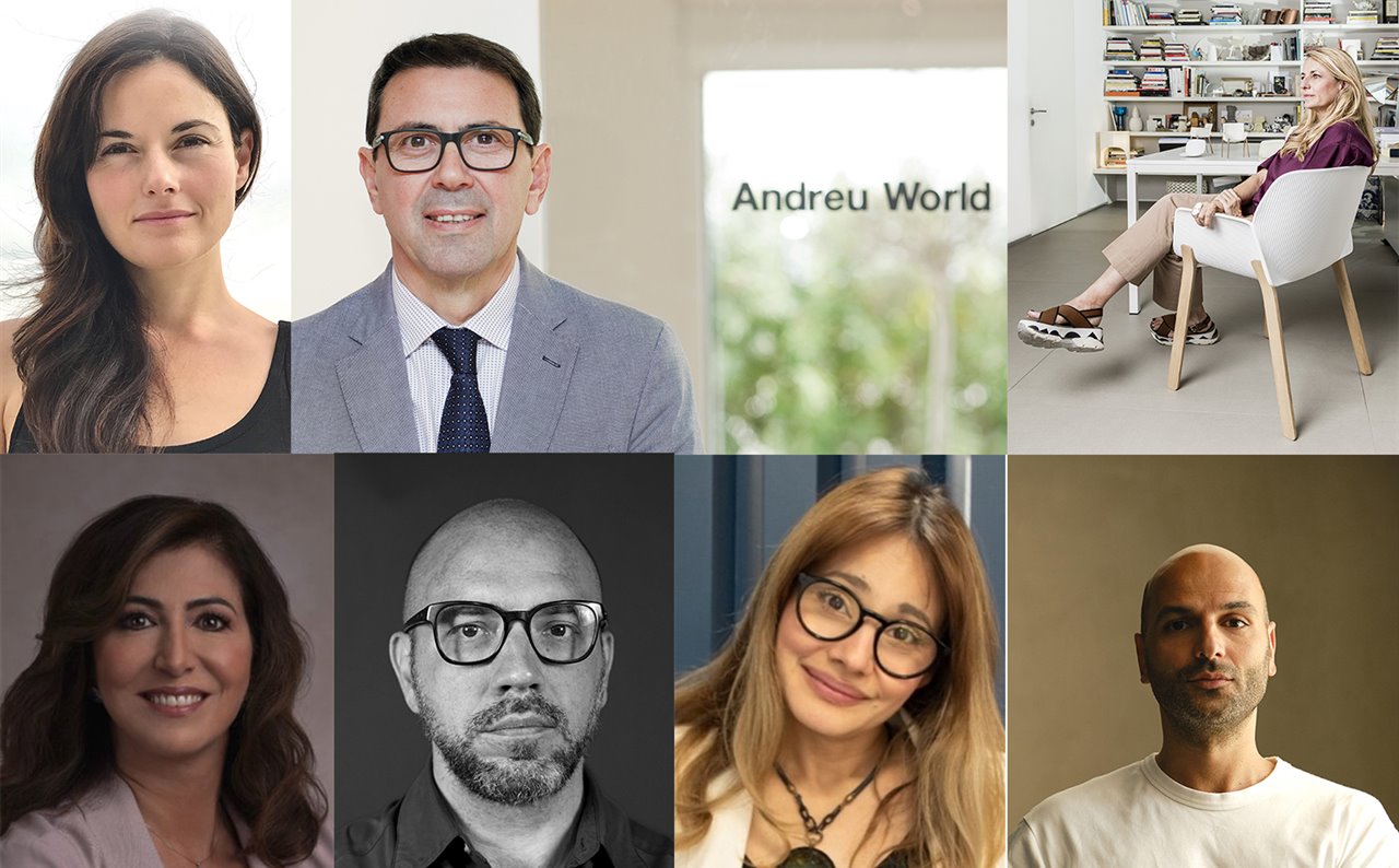 Los participantes en la mesa redonda. De izquierda a derecha y de arriba abajo: Lorena del Río, Jesús Linares, Patricia Urquiola, Dina Storey, Juan Roldán, Lena Marcuccilli (moderadora) y Samer Yamani.