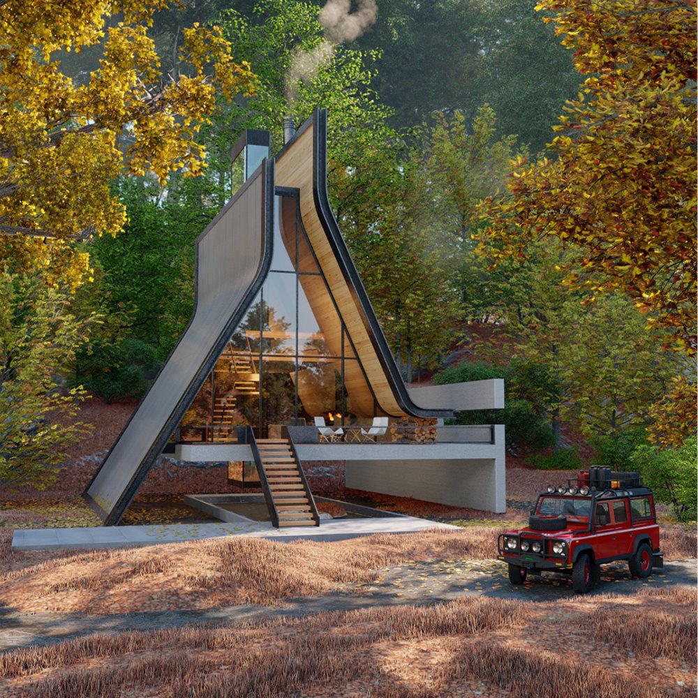 Casa futurista en el bosque.