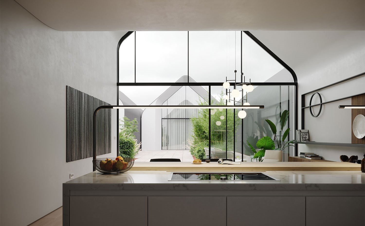 Cocina moderna con gran ventanal. 