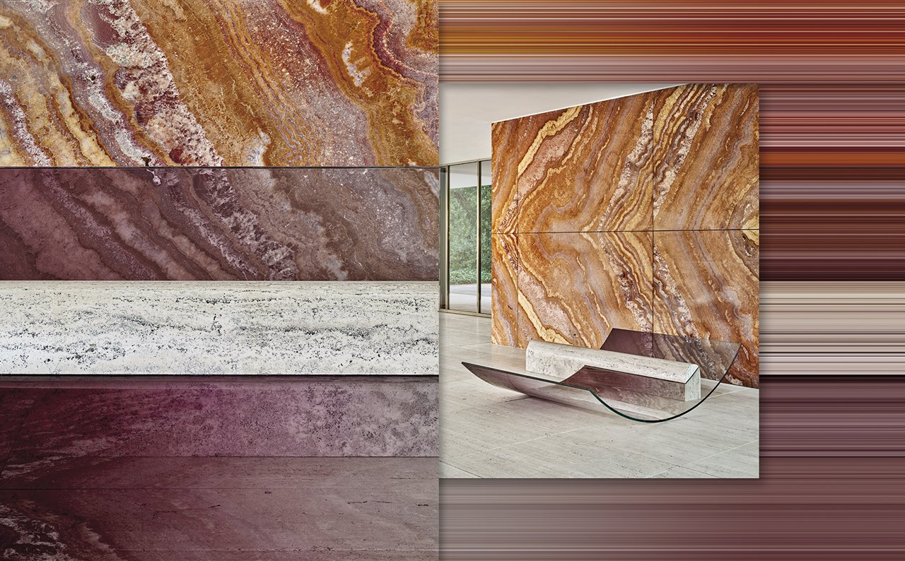 Sabine ha recurrido a los materiales del Pabellón de Barcelona: vidrio, travertino y acero