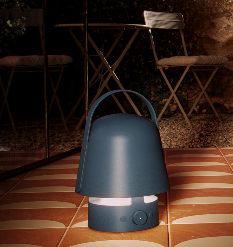 El altavoz exterior tiene un diseño único curvado con un asa, para poder llevar el altavoz a cualquier otro rincón. 