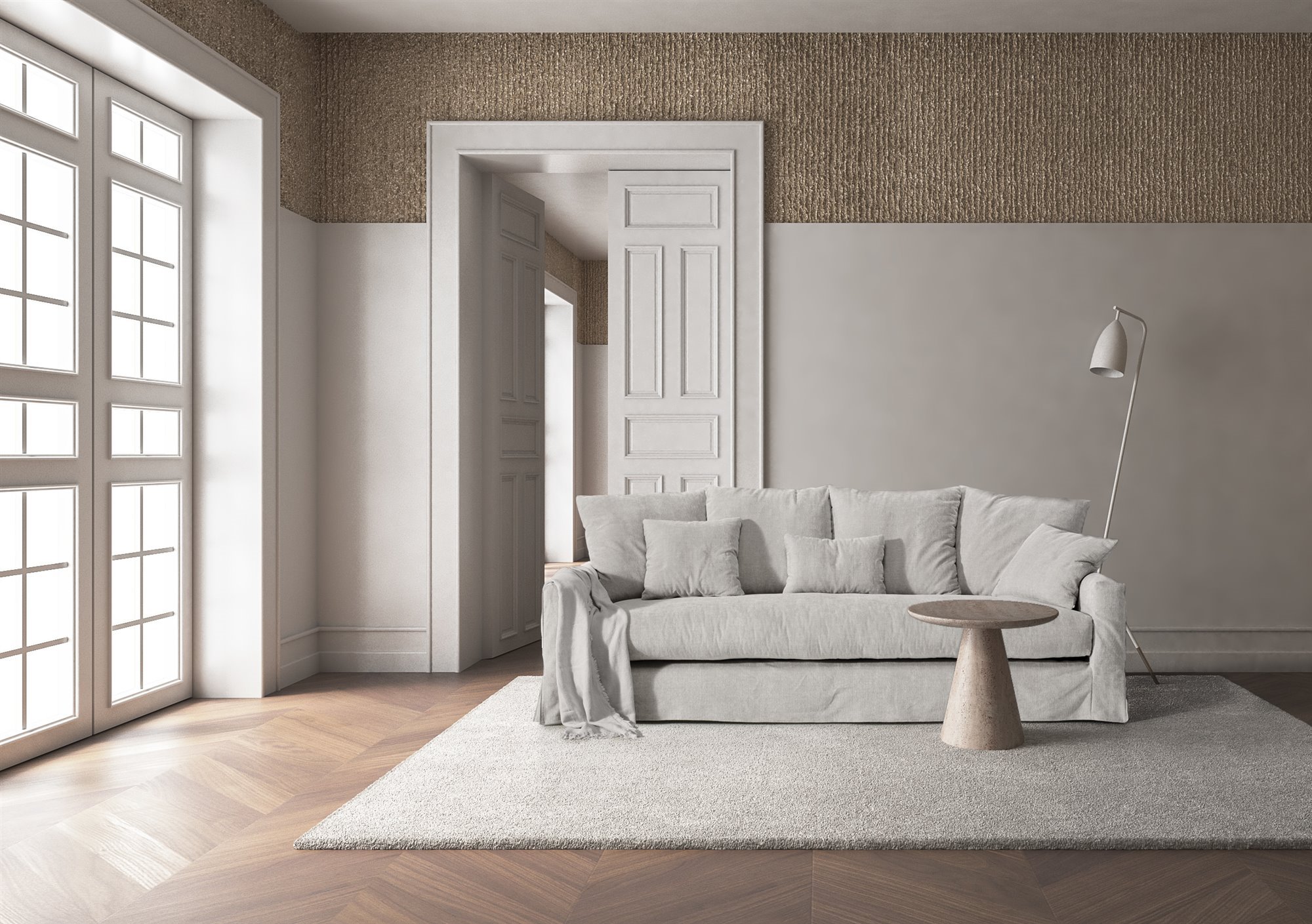 salón con sofá gris claro de moradillo