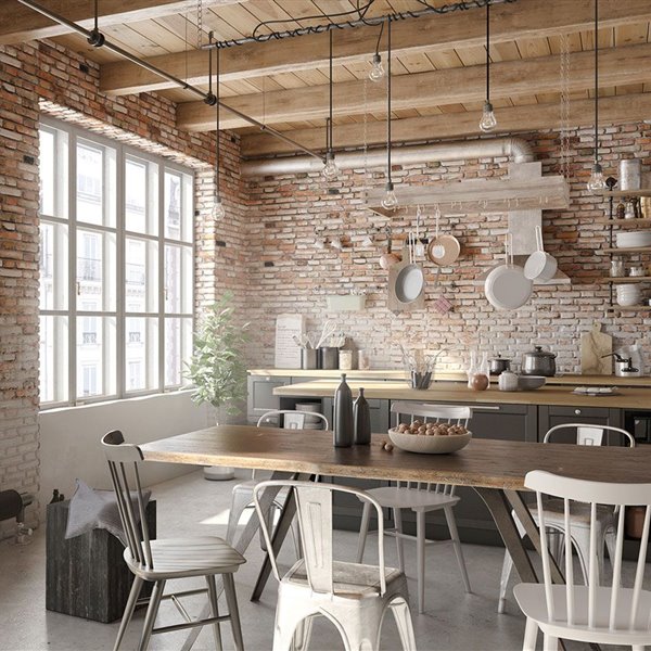 Cocina y office con decoración de estilo industrial