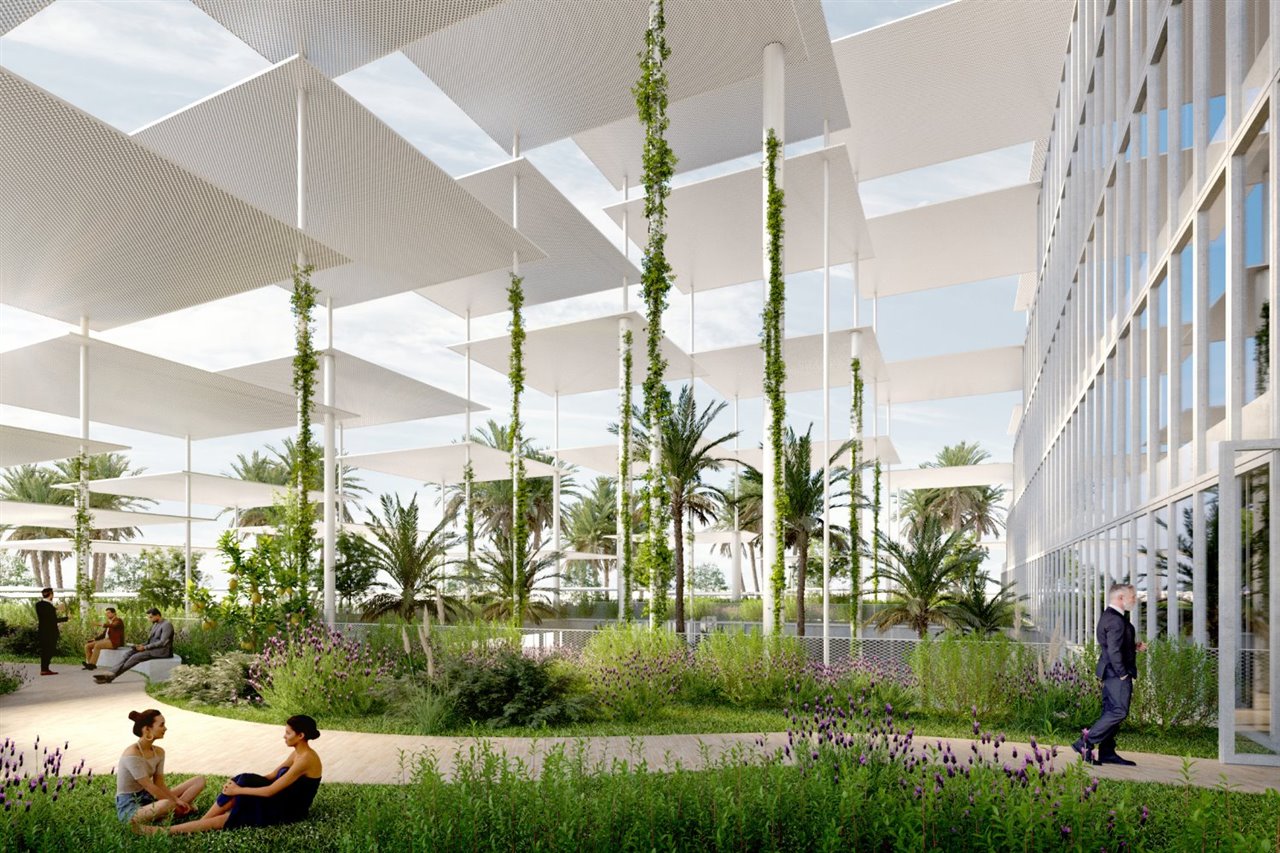 El diseño pasivo del edificio a través de sus delgados forjados y la sombra constante bajo la nube de pérgolas, permite una ventilación natural cruzada y una calidad de luz ideal, reduciendo el consumo de energía.