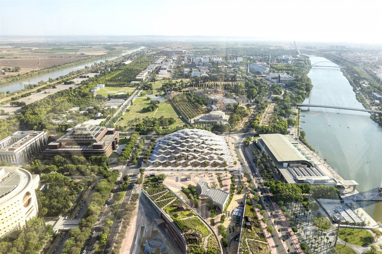 El edificio se ubica en la Isla de la Cartuja, que hoy se ha transformado en un importante polo científico y tecnológico cuya actividad aporta cerca del 2% del PIB de Andalucía.