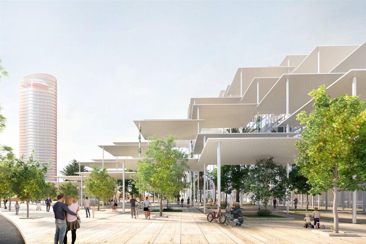 El nuevo Centro Conjunto de Investigación conecta directamente con el Jardín Americano y el mercado de Torre Sevilla en un espacio público continuo que es a la vez plaza y paseo marítimo.