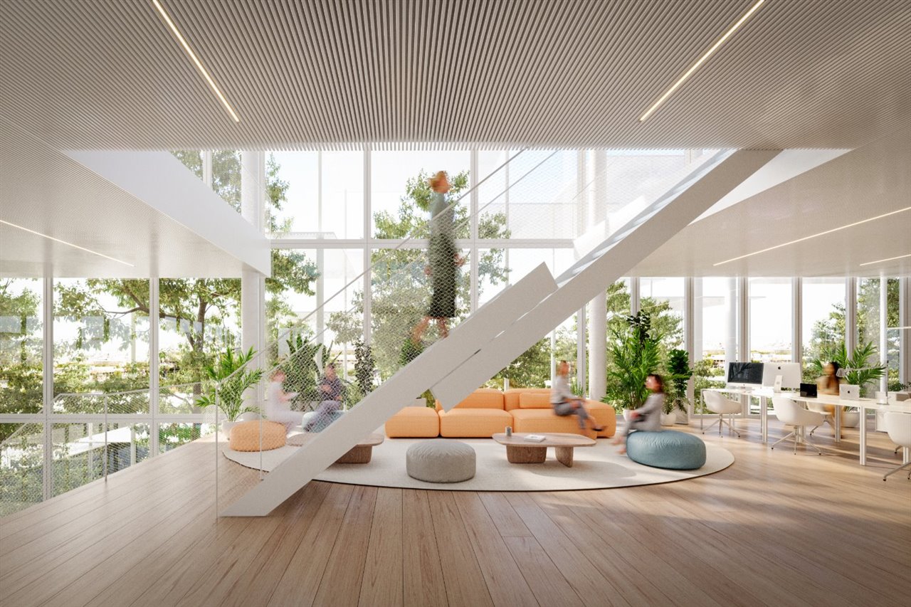 La estructura del edificio es de hormigón bajo en carbono, lo que reduce hasta en un 30 % de las emisiones típicas de carbono, mientras que la nube de pérgolas está hecha de acero reciclado.