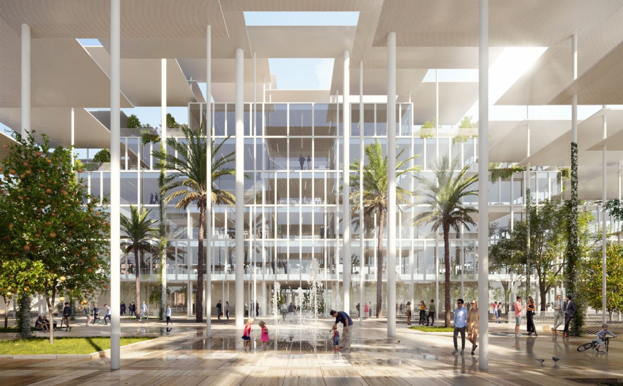 Los jardines, la vegetación de la región y los elementos de agua en el exterior buscan reducir/eliminar el efecto isla de calor y crear un microclima agradable.