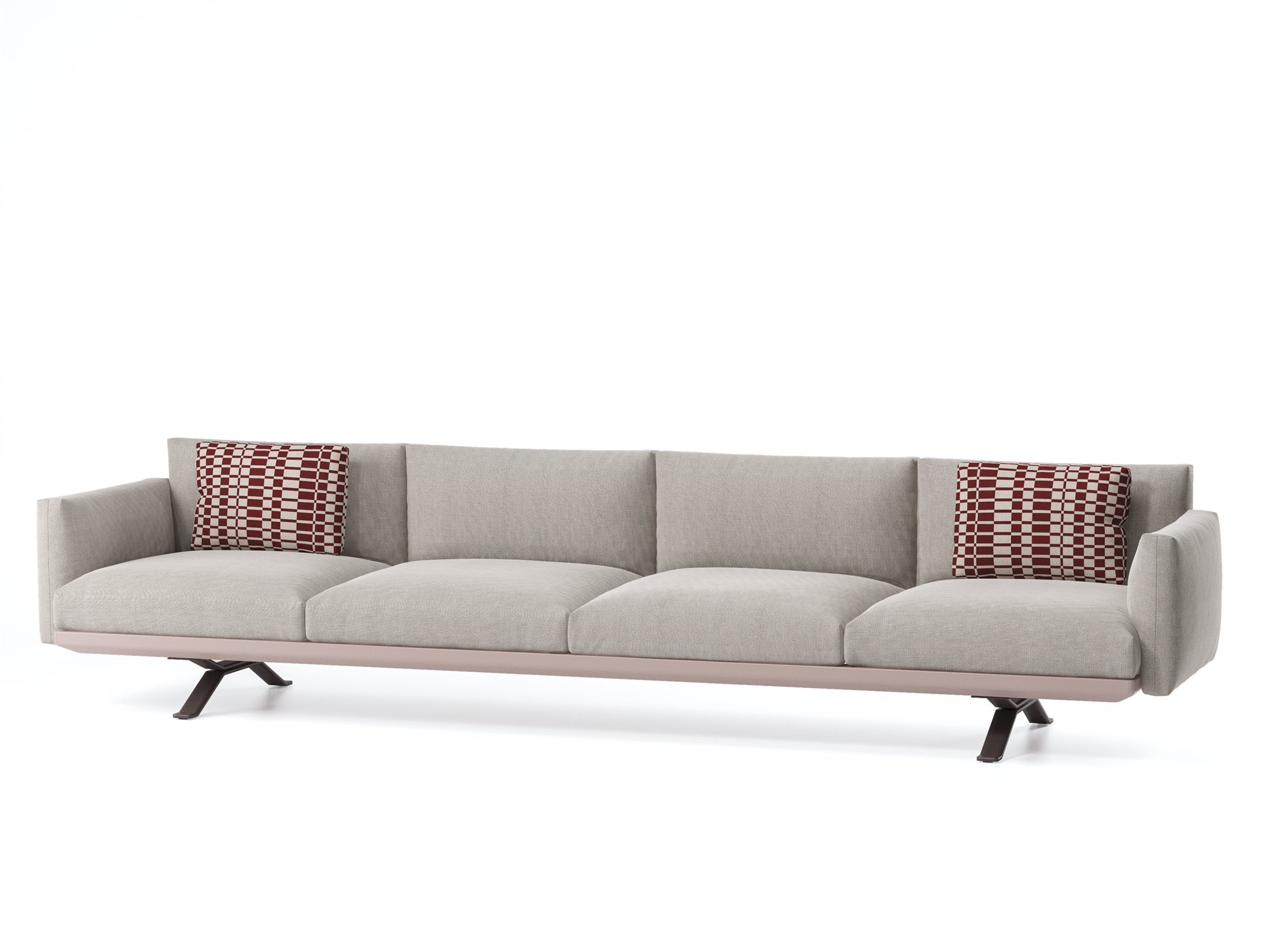 sofá gris exterior con cojines rojos