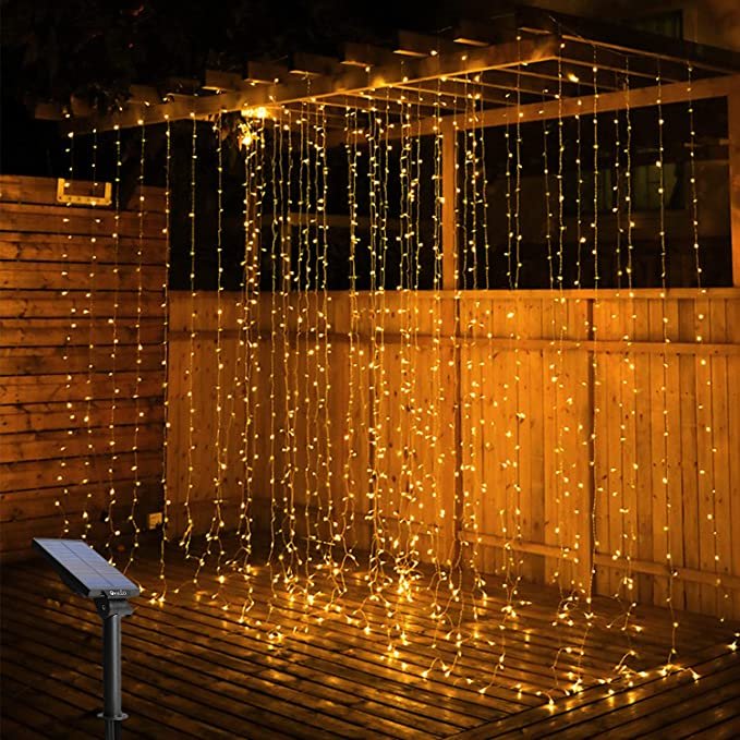 guirnalda luces exterior cortina luminosa para pared con panel solar
