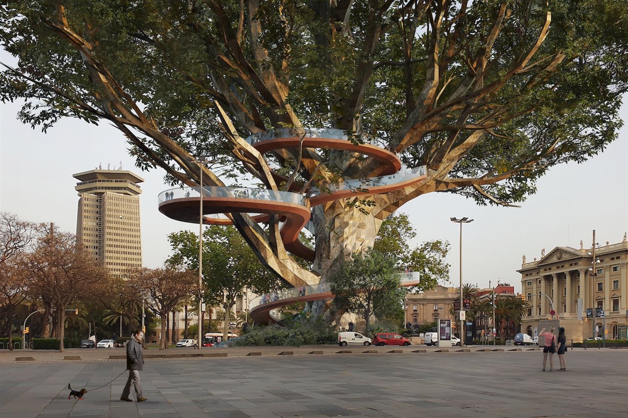 El "Árbol Colon-izador" es una gran estructura vegetal llena de biodiversidad, con plataformas elevadas accesibles que serviría de mirador y puerta al nuevo parque de la ciudad.