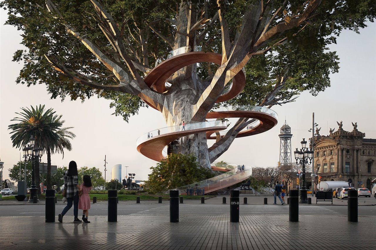 ON-A también realizó una propuesta de Realidad Aumentada que transformó la estatua de Colón en una gigantesca encina que simbolizaba la reconexión del puerto con la ciudad.