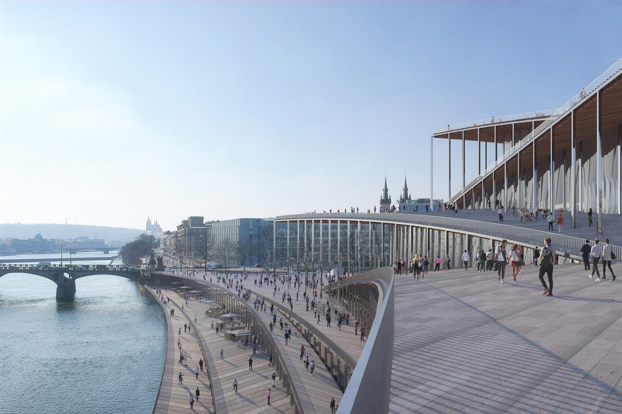 El Vltava Philharmonic Hall forma parte del proyecto de transformación de una antigua zona industrial junto al río en un nuevo distrito urbano de la capital checa.