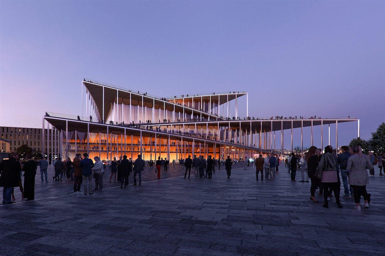 La cubierta transitable del edificio, accesible a través de rampas exteriores, será una continuación del espacio público de la plaza, y ofrecerá panorámicas exclusivas de Praga.