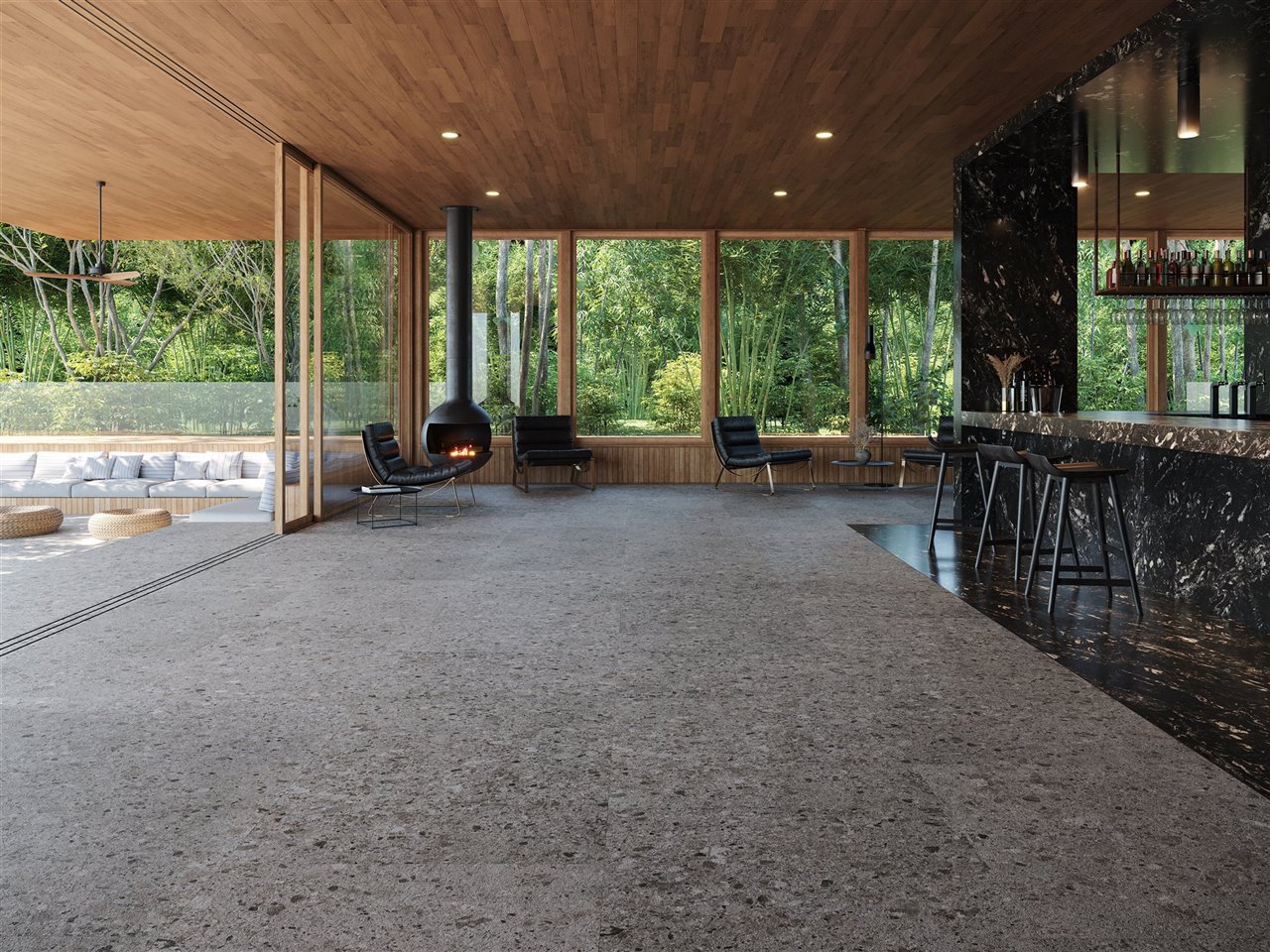 Una gran cocina con suelo Solidker, colección Stratos en color Trento Grey.