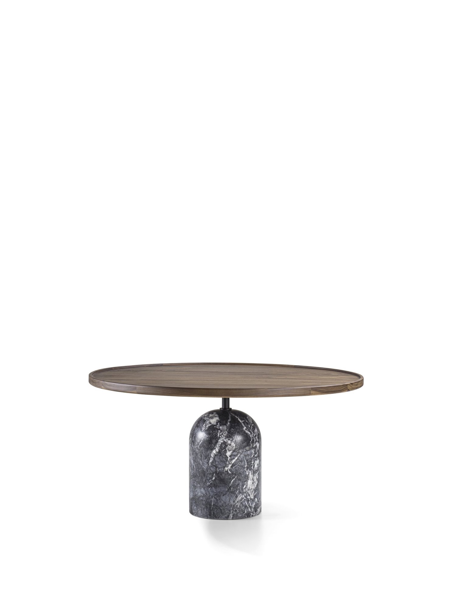 mesa de centro con sobre redondo de madera y pie de mármol gris