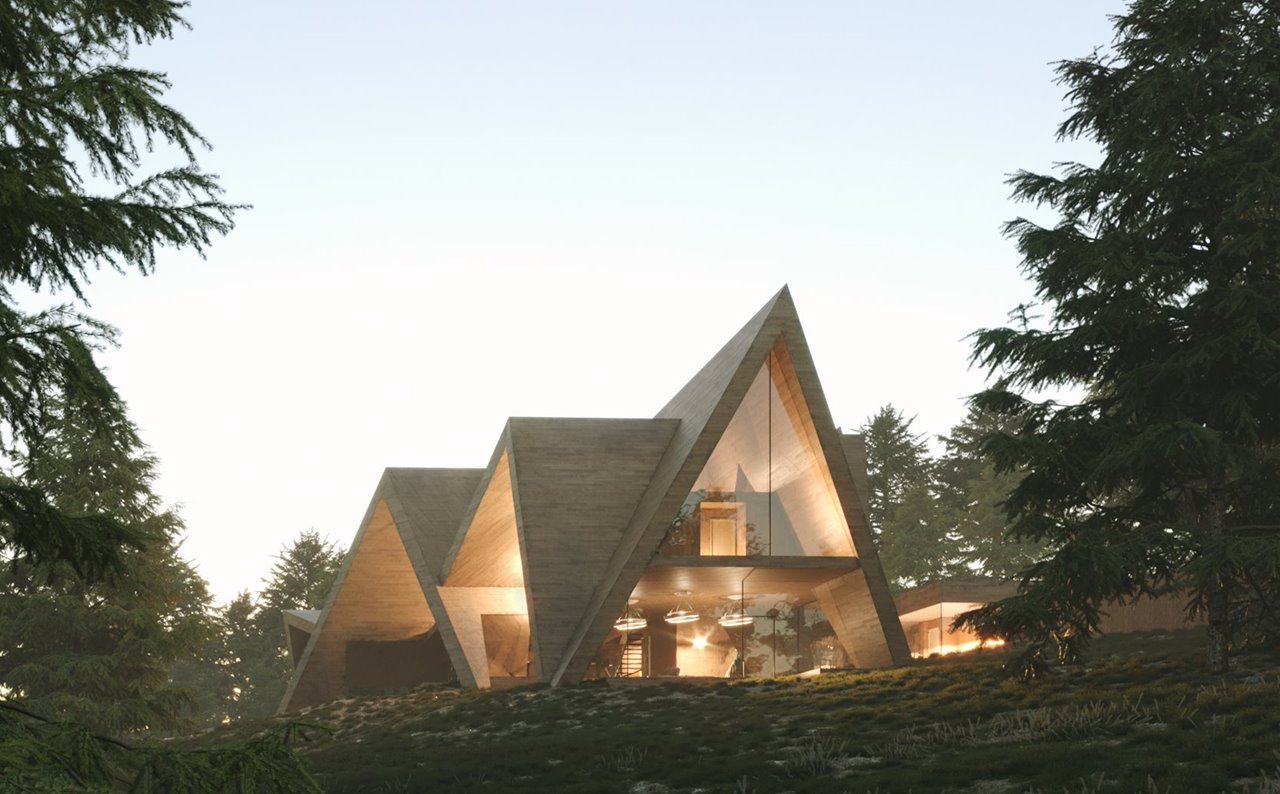 El diseño de la villa se basa en un prisma triangular de 30 metros de largo.