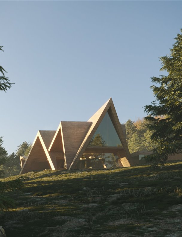 Una cabaña con forma de prisma triangular que da cobijo a tres generaciones