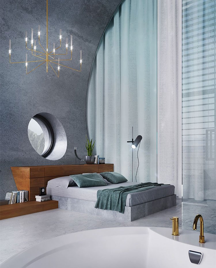 Zona de dormitorio con estructura de cama en canapé en gris y cabecero en madera 
