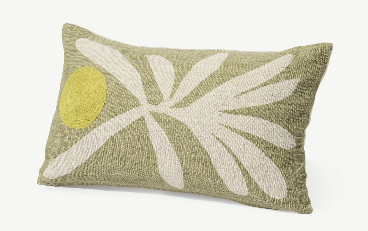 Cojín alargado verde beige y amarillo de algodón y lino