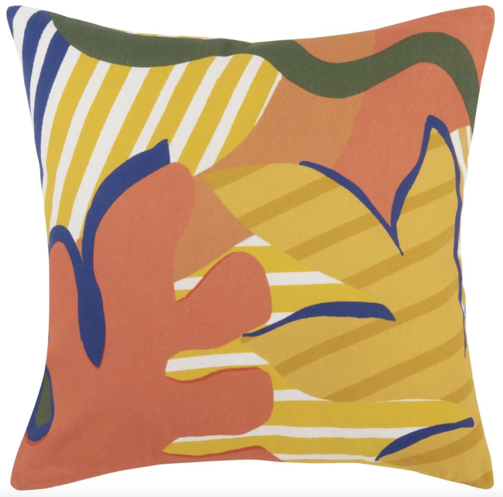 cojín veraniego estampado palmera naranja y amarillo