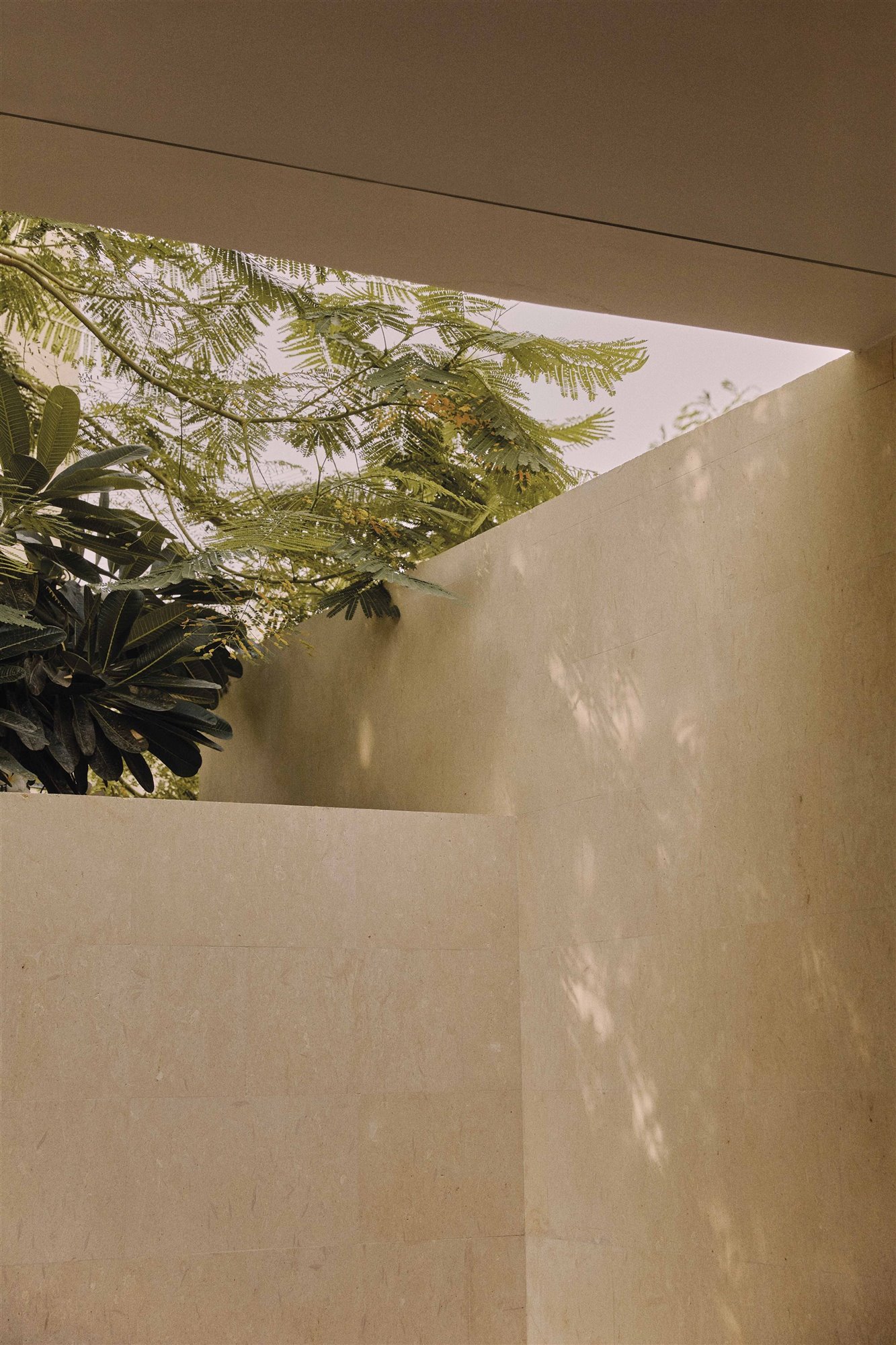 villa am en arabia saudí, pared beige con tragaluz y plantas