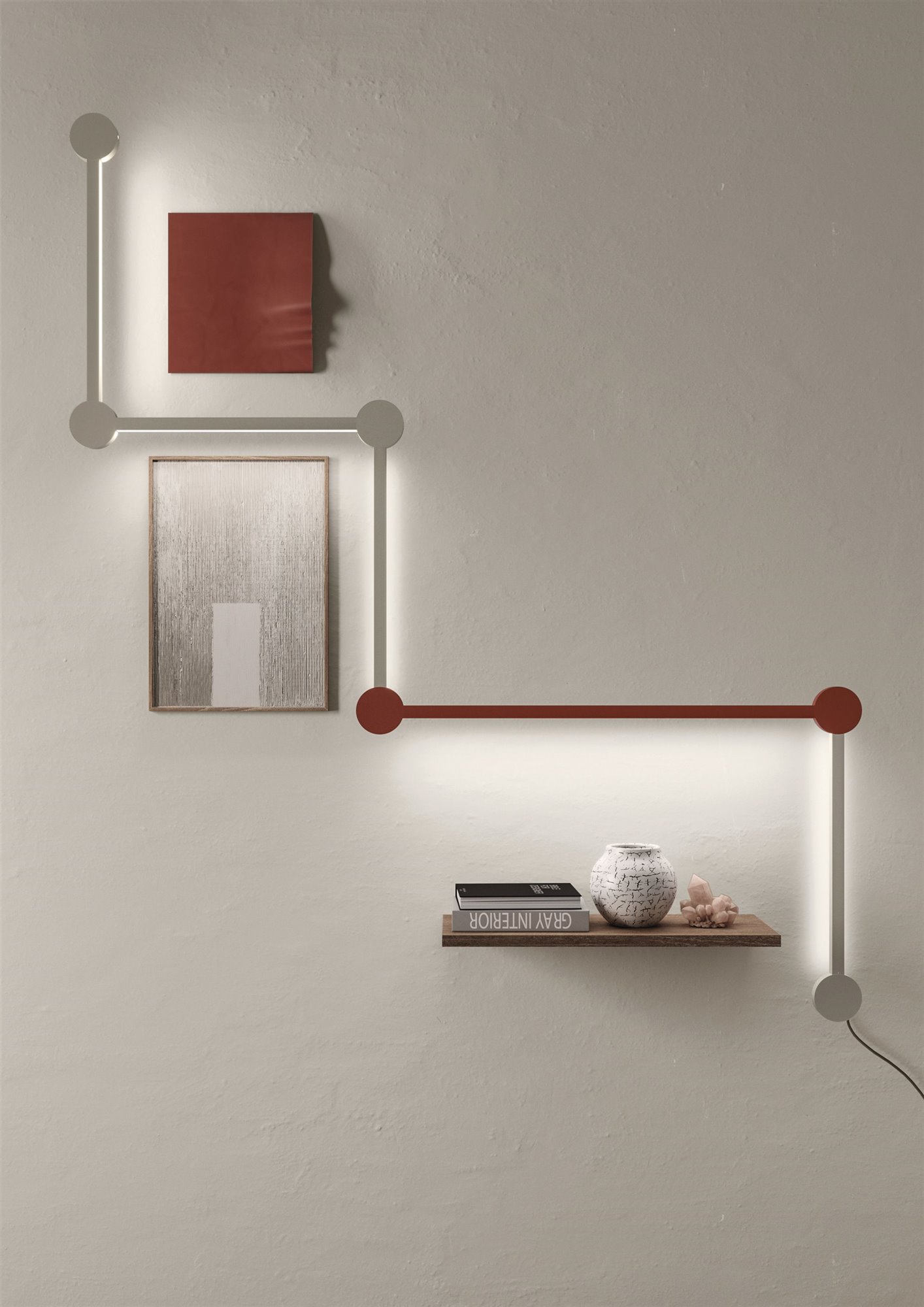 lámpara tubo blanco y rojo forma escalera y cuadros 