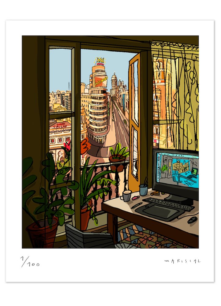 Balcón de la Gran Vía, parte de una serie de Ilustraciones con muchos detalles de un Madrid muy cercano realizadas durante el confinamiento.