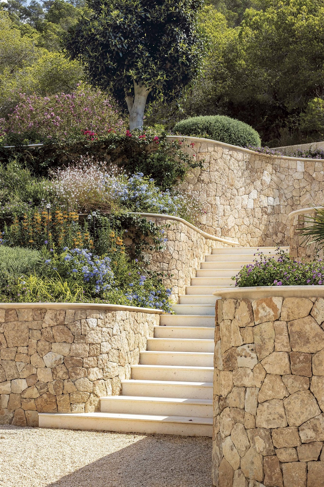 escaleras de piedra en casa de campo mediterránea con flores y vegetación