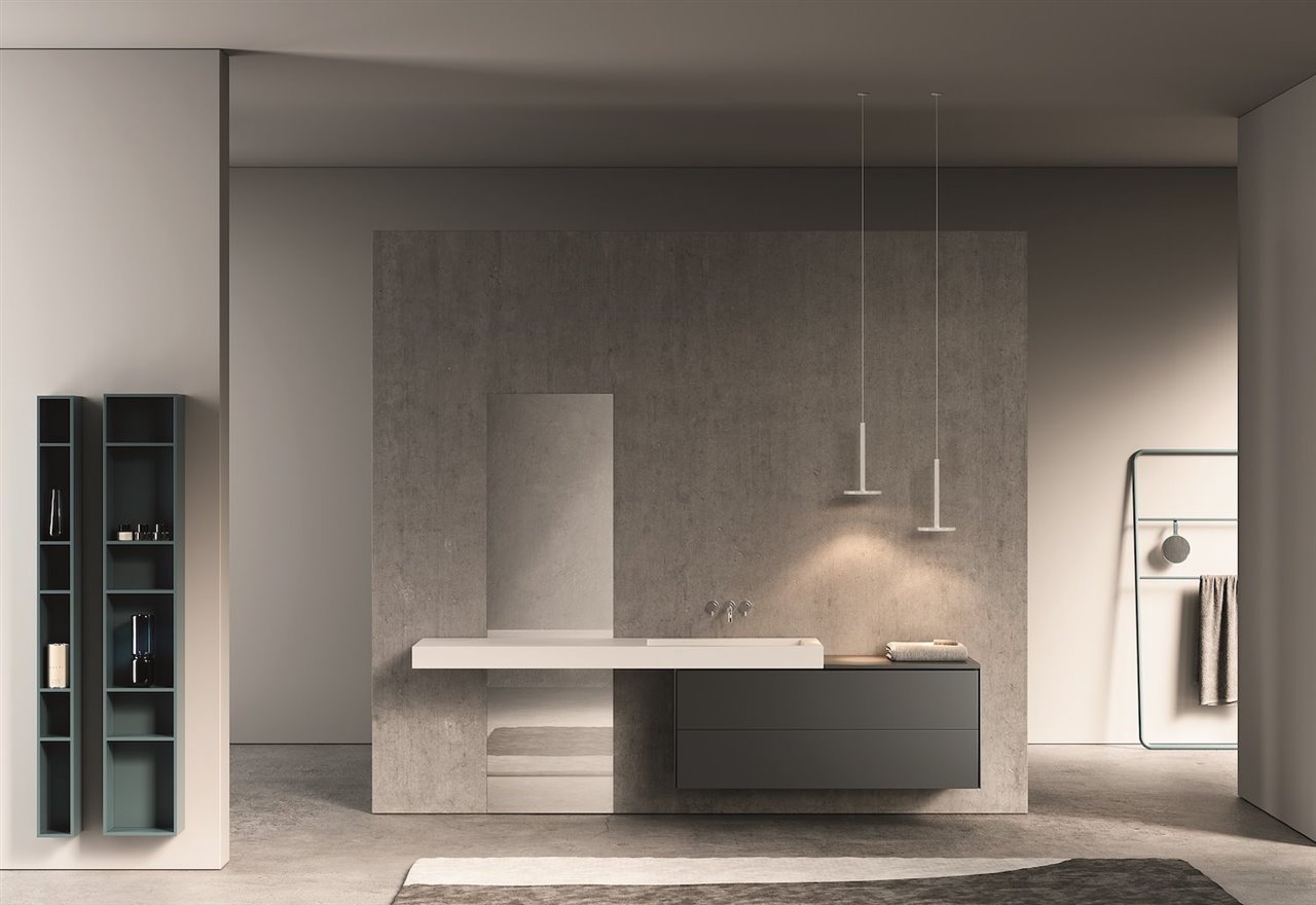 Serie Alma. Mueble con acabado lacado. Encimera integrada Solid Surface. Columnas auxiliares by CírculoCuadrado acabado lacado.